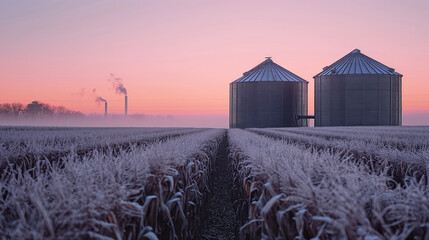 Frost-covered grain bin silos at dawn, with the first autumn freeze over a field of harvested corn, showcasing seasonal changes in farming, with copy space - obrazy, fototapety, plakaty