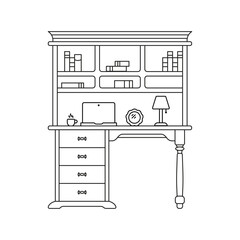 Bookshelves with table vector icon. Linear concept of home furniture icons. Outline of a book table. Workplace vector. Computer desk nightstand vector. A lamp on a bedside table.