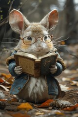 A cartoon character of a rabbit with a book in his hands. 3d illustration. The concept of learning and education - obrazy, fototapety, plakaty
