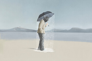 Illustration of sad man under rain, surreal negative status of mind concept