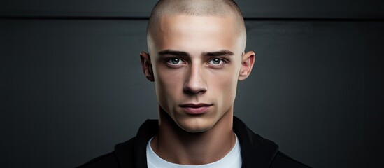 a close up of a man s face with a shaved head . High quality