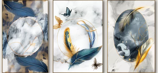 Fototapeten three panel wall art, golden ring with feathers and butterflies, blue gray color scheme, marble background © Goodhim