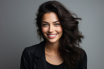 Obraz premium Woman with long hair is smiling and wearing black jacket