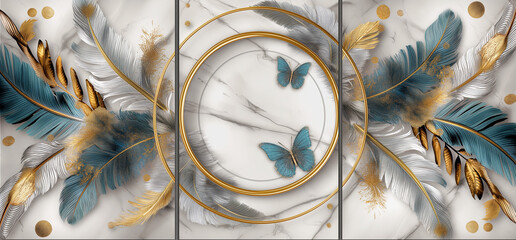  three panel wall art, marble background with feather designs and butterfly silhouette - obrazy, fototapety, plakaty