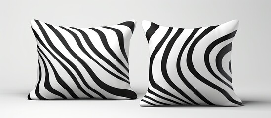 Fototapeta na wymiar A pair of zebra print pillows in black and white, placed on a white background, showcasing a symmetrical pattern reminiscent of monochrome photography art