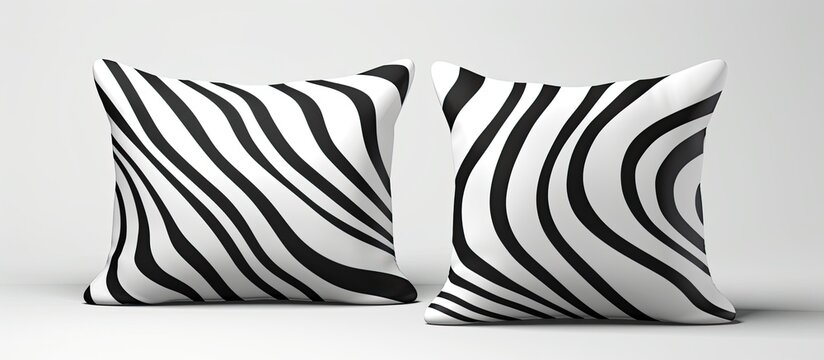 A pair of zebra print pillows in black and white, placed on a white background, showcasing a symmetrical pattern reminiscent of monochrome photography art