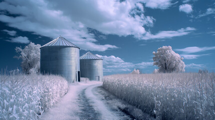 An infrared photography technique used to capture grain bin silos and a mature corn crop, offering an ethereal and alternative view of agricultural landscapes, with copy space