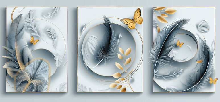 panel wall art, marble background with feather designs and butterfly silhouette