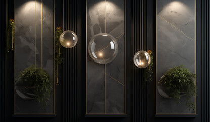 
Abstract black and white circle with golden elements, floating on a light gray background, a 3D rendering of wall decoration