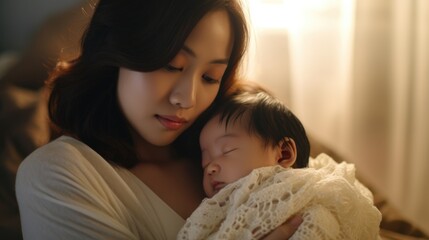 A mother holds her newborn baby close to her heart. Fictional character created by Generated AI. 