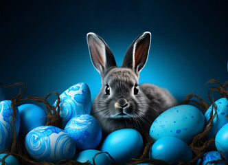 cute bunny rabbit with lot of blue painted eggs isolated on background, free space for text. easter mock up banner, generative ai. animal hiding over eggs.