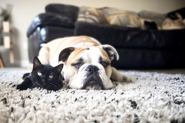 A French bulldog and a black kitten lie together on a white carpet in a room near the sofa.