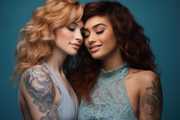 Two women with tattoos on their arms are hugging each other