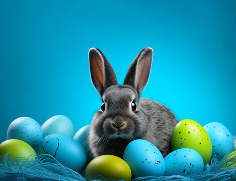 cute bunny rabbit with lot of blue painted eggs isolated on background, free space for text. easter mock up banner, generative ai. animal hiding over eggs.