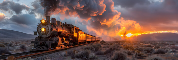 Chugging into Nostalgia American West Steam Train ,
Old train with steam locomotive in prairie
 - obrazy, fototapety, plakaty