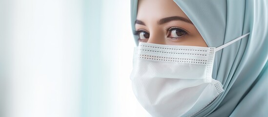 A woman with a hijab and face mask covering her nose, chin, iris, and mouth, while her eyes, eyebrows, smile, eyelashes, and jaw are visible - obrazy, fototapety, plakaty