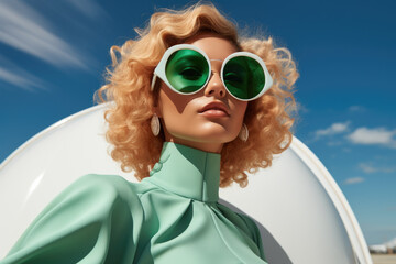 Woman with green sunglasses and green dress poses for photo