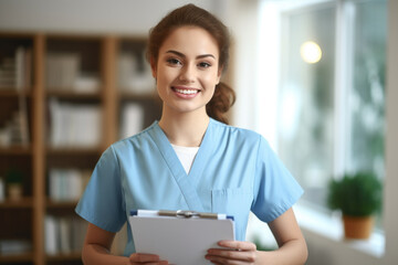 Woman in blue scrubs is smiling and holding clipboard