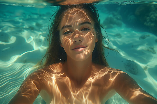 beautiful slender girl swims underwater having fun and taking a selfie