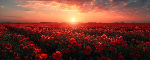 Breathtaking landscape of a poppy field at sunset with the sun dipping low on the horizon, casting a warm glow over the vibrant red flowers - obrazy, fototapety, plakaty