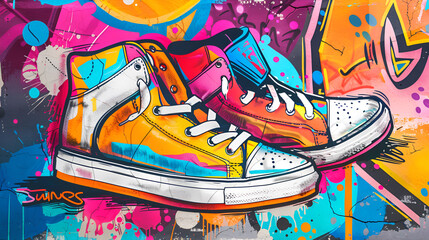Sneaks graffiti style artwork illustration, Colorful Graffiti Action for t-shirt design, Generative AI