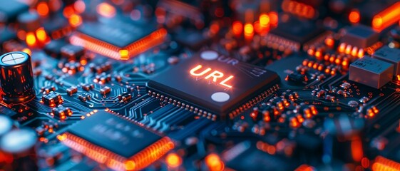 A close-up view with the acronym URL displayed on a microchip, representing the concept of Uniform Resource Locator.
 - obrazy, fototapety, plakaty