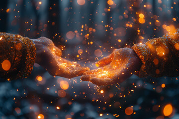 A powerful high-five with sparks igniting from the impact, representing the energy and enthusiasm in successful collaborations. Concept of dynamic teamwork. Generative Ai.