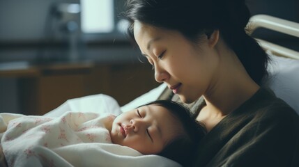 Obraz premium A mother holding her newborn baby close to her heart. Fictional character created by Generated AI. 