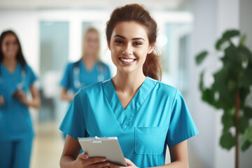 Woman in blue scrubs is smiling and holding tablet