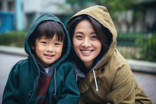 A Mother and Son Posing for a Picture in the Rain. Fictional character created by Generated AI. 