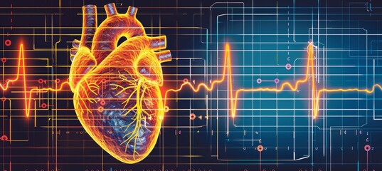 Abstract human heart shape and red pulse line on black background   health, cardiology concept