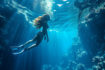 Girl diving in cavern with lightbeams coming on top of her