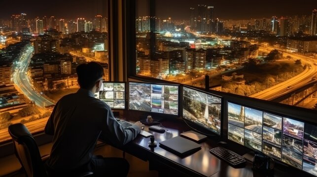 Security guards monitoring traffic control room with video wall for enhanced security measures