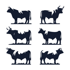 Set of 6 stylized black cow silhouettes