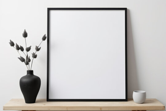 Black framed white picture sits on wooden shelf next to vase