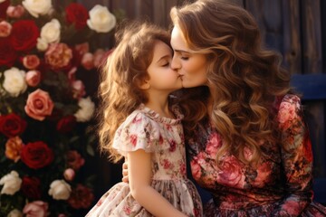 A mother and daughter sharing a tender kiss. Fictional character created by Generated AI. 