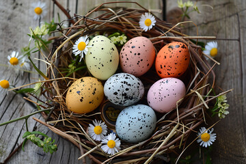 Naklejka na ściany i meble Vibrant Easter background with colorful eggs, spring flowers, and delicate decorations, ideal for festive projects