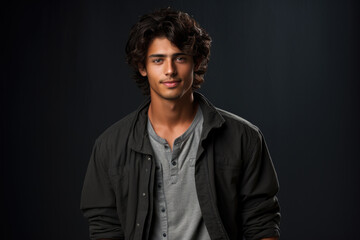 Obraz premium Young man with dark hair and gray shirt is smiling for camera