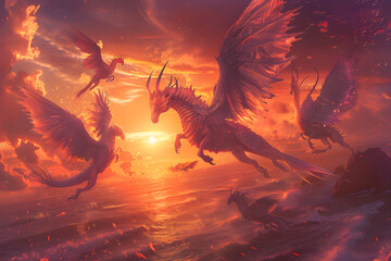 An Ethereal Dance in the Skies: Immortal Creatures Embodied in Mythical Beasts Across a Crimson...