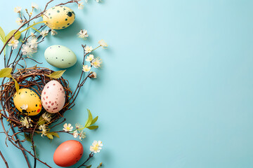 Cheerful Easter background with colorful eggs, spring flowers, and delicate decorations, ideal for festive designs