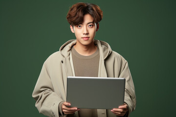 Young man is holding laptop in front of green background