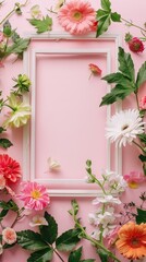 fresh flowers of various colors and green leaves placed around empty white photo frame against pink background
