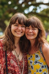 Fototapeta premium Two women with flowers in their hair stand next to each other and smile. Fictional character created by Generated AI. 