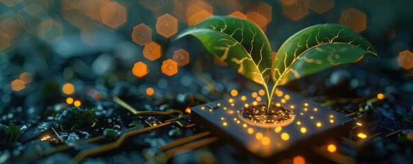 glowing plant growing on computer chip representing digital