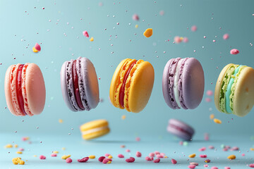 Flying different colorfull macarons on pastel background, pink, yellow, purple, green color...