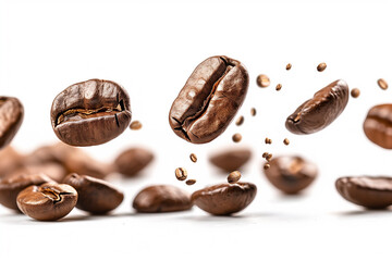 Many Coffee beans levitate on a white background