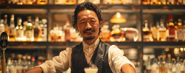 Japanese barkeeper preparing cocktail in club - obrazy, fototapety, plakaty