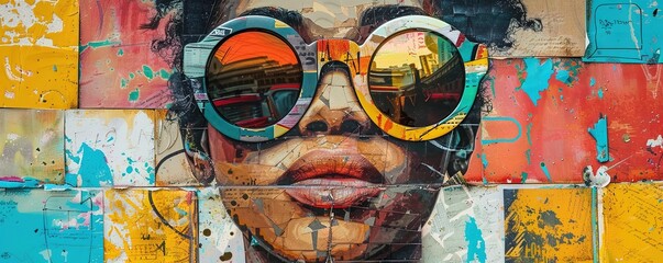 Mixed-Media colorful portrait of woman in modern sunglasses with different collage elements
