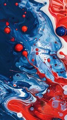 mix of red white blue color paints with blended drops on fluid while forming abstract patterns against blue background