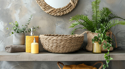 Basket of chemical and alternative eco detergent, cleaning and laundry products on a table with towels and gray wall background сreated with Generative Ai